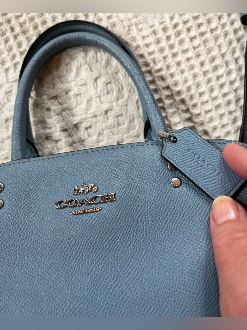 Coach Mini Lillie Carryall Bag in Light Blue Crossgrain Leather, Crossbody Strap - Picture 2 of 8